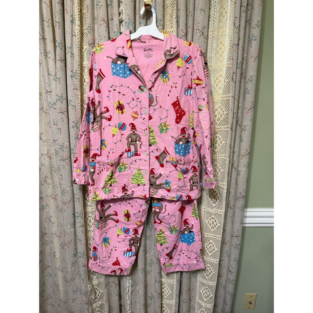 Nick & Nora Christmas Sock Monkey Pajama Set Pink Cotton Size M EUC
